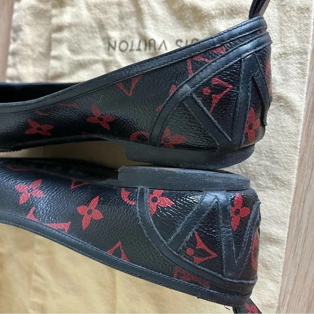 LOUIS VUITTON sz 36.5 6.5 INFRAROUGE Ballet Flats Black Red Monogram Canvas